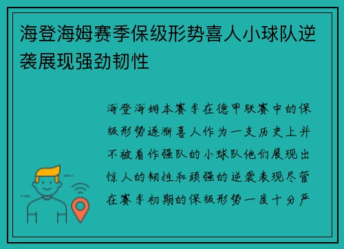 海登海姆赛季保级形势喜人小球队逆袭展现强劲韧性
