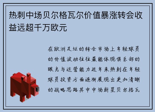热刺中场贝尔格瓦尔价值暴涨转会收益远超千万欧元