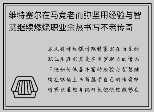 维特塞尔在马竞老而弥坚用经验与智慧继续燃烧职业余热书写不老传奇 维特塞尔在马竞老而弥坚用经验与智慧继续燃烧职业余热书写不老传奇